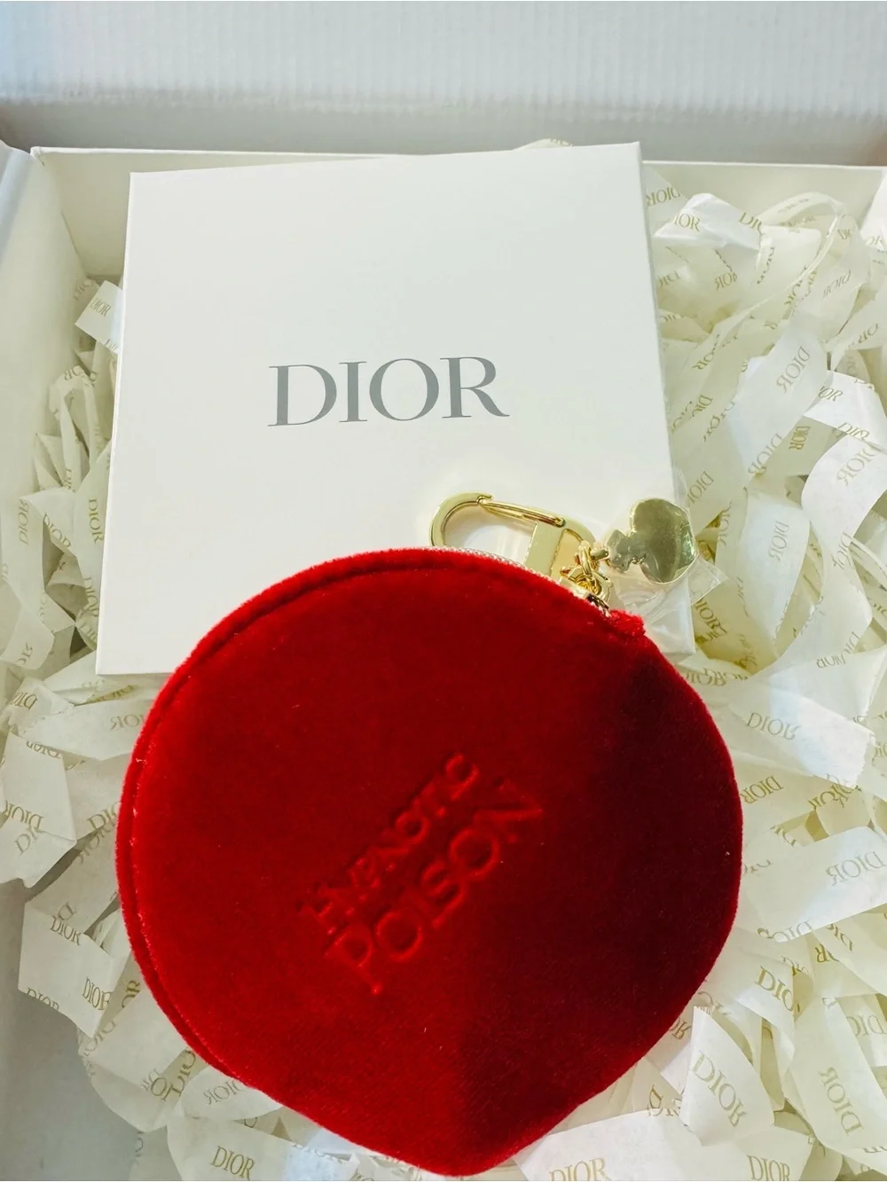 Dior Red Velvet Round Bag Charm Zip Key Pouch with Gold Hardware